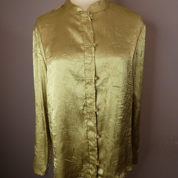 Meryl Diamond Women's L Chartreuse Green Satin Top Crinkle Asian Button Up - Picture 1 of 8